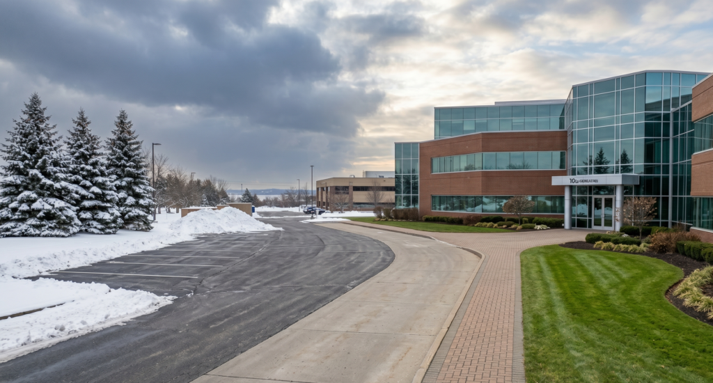 A pristine Buffalo NY commercial property showcasing year-round grounds management with clear, snow-plowed asphalt parking lots on the left and a manicured, green turf lawn on the right.