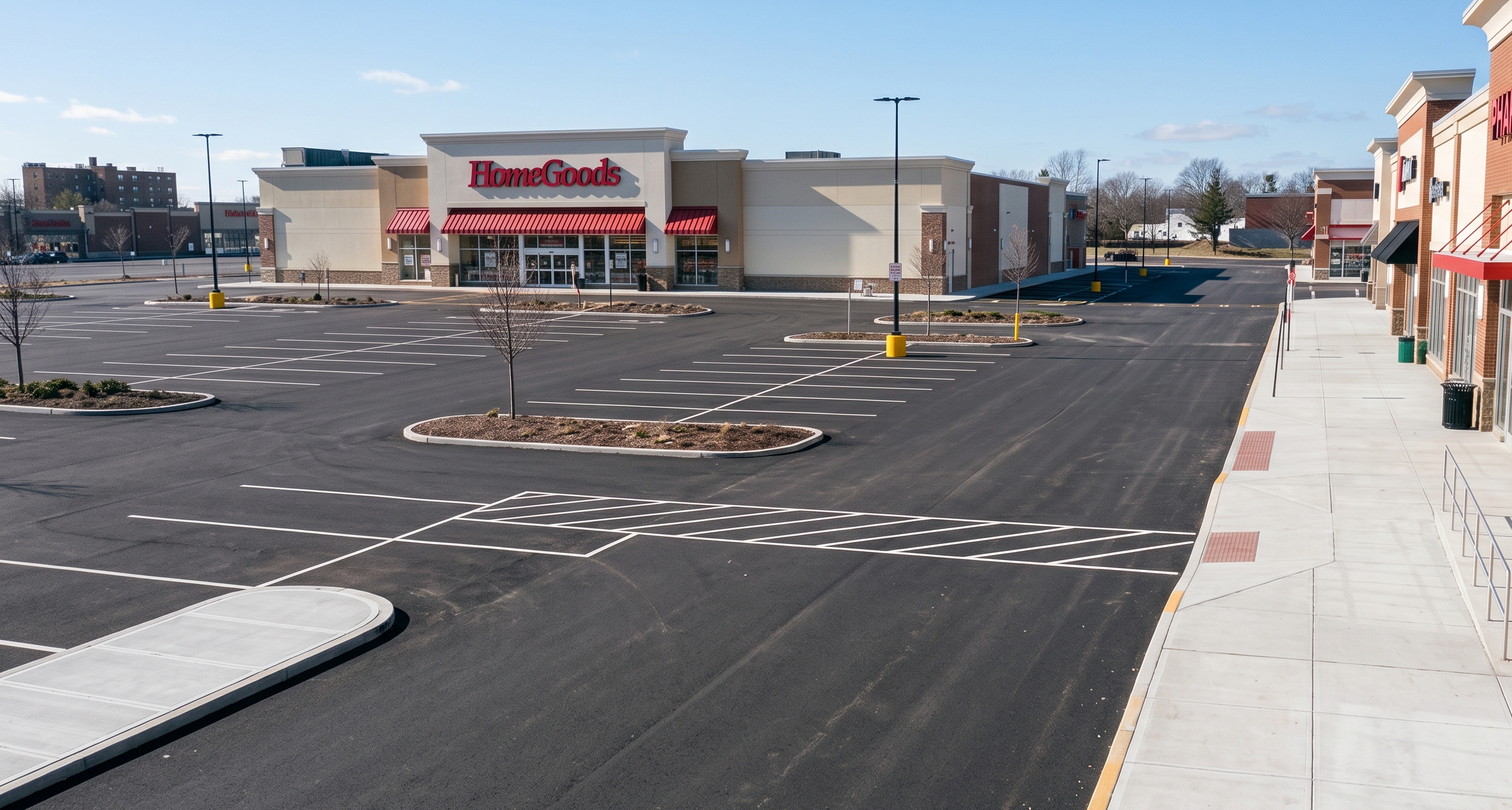 Pristine asphalt parking lot and cleared concrete sidewalks outside a commercial retail shopping center after seasonal site maintenance.