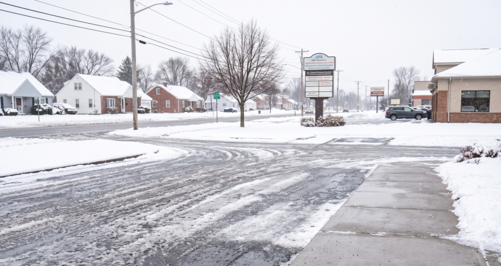 A cleared commercial concrete sidewalk and asphalt parking lot showing winter ice mitigation and slush control after a lake-effect snowstorm in Buffalo, New York.