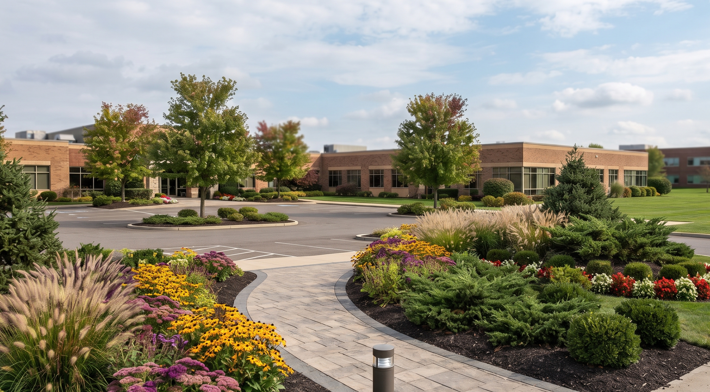 Professional commercial landscaping maintenance and stone walkway at an office park in Buffalo, NY