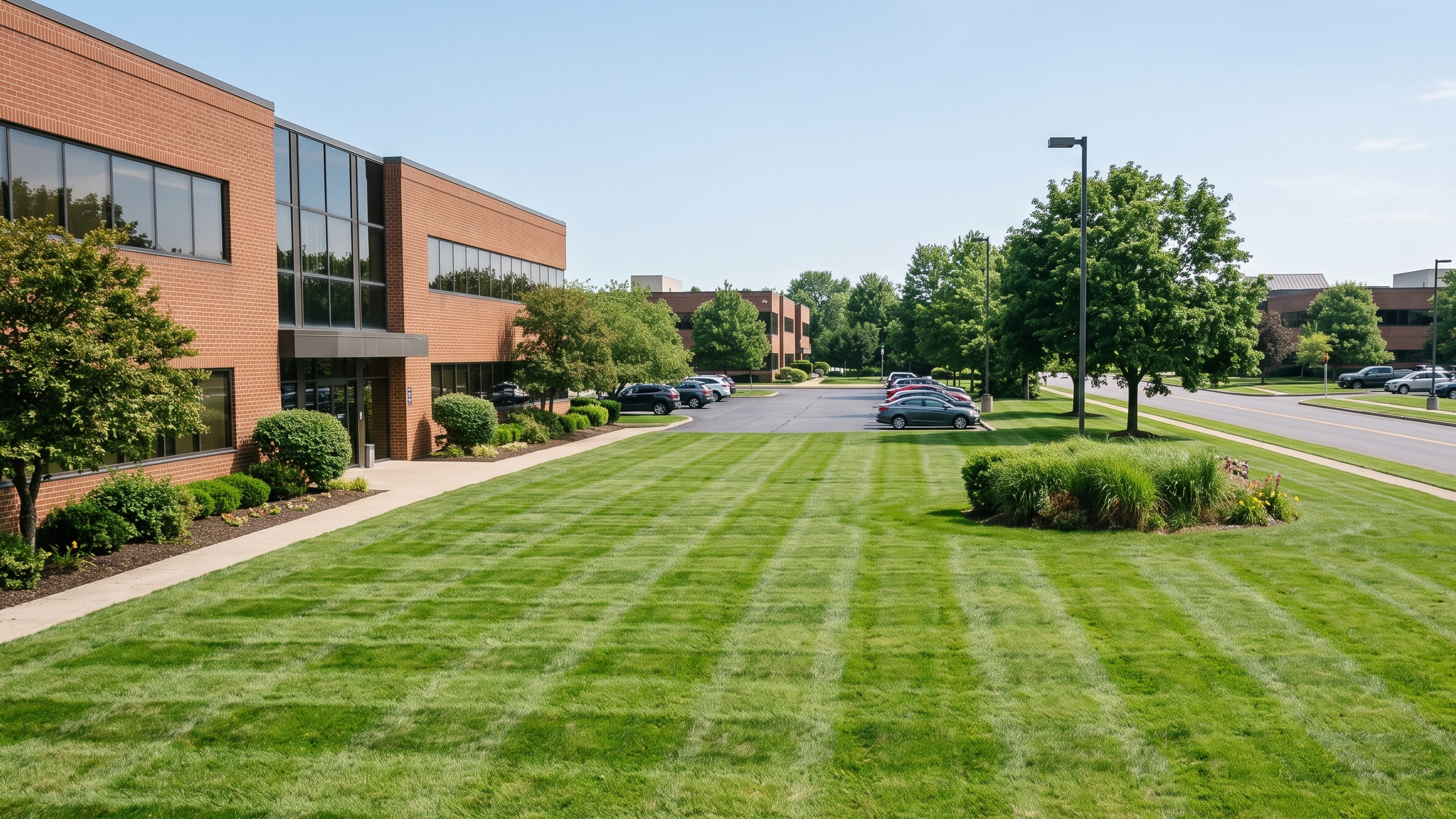 Pristine striped turf and manicured commercial landscape beds outside a Western New York office complex managed by 10X Landscaping.