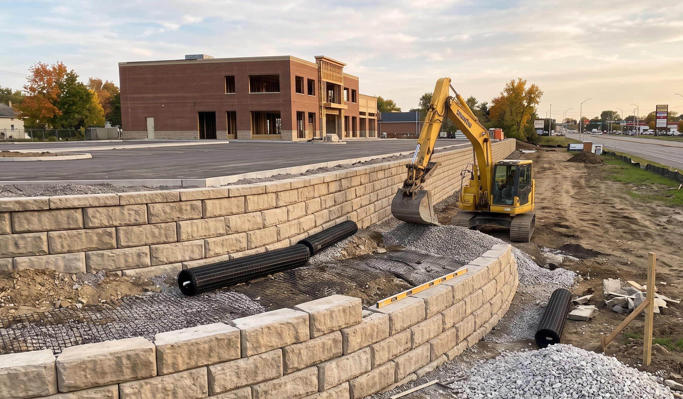Large segmental concrete block commercial retaining wall under construction with drainage aggregate and geogrid.