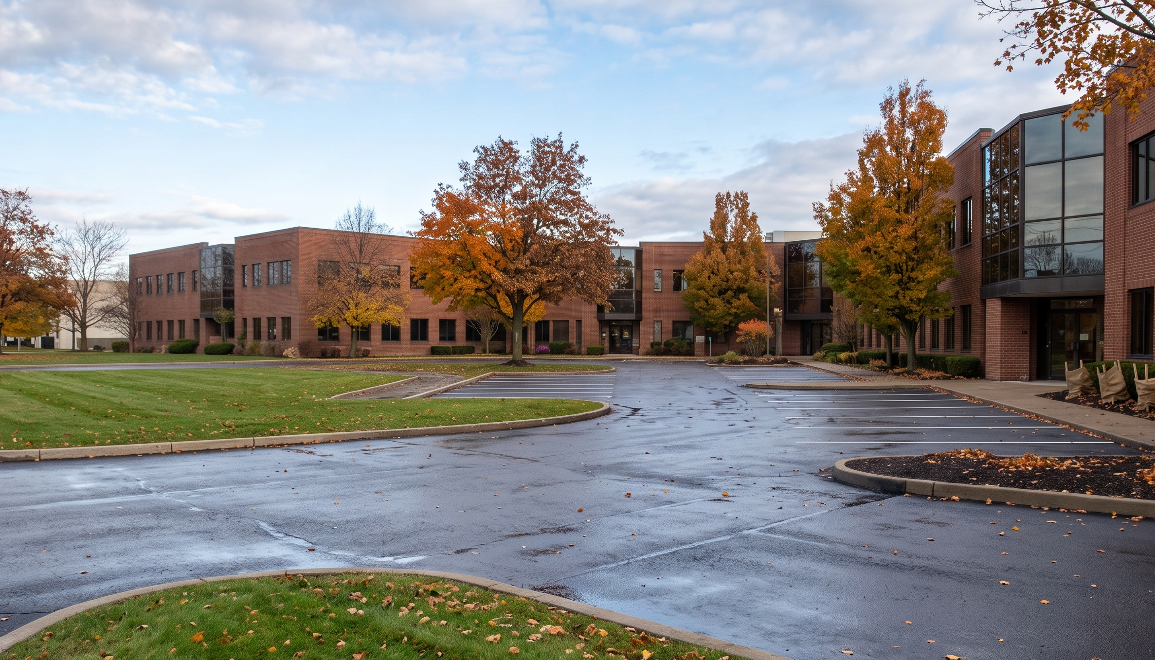 Commercial property parking lot and grounds prepared for winter in Buffalo, NY with manicured turf and burlap-wrapped foundation shrubs