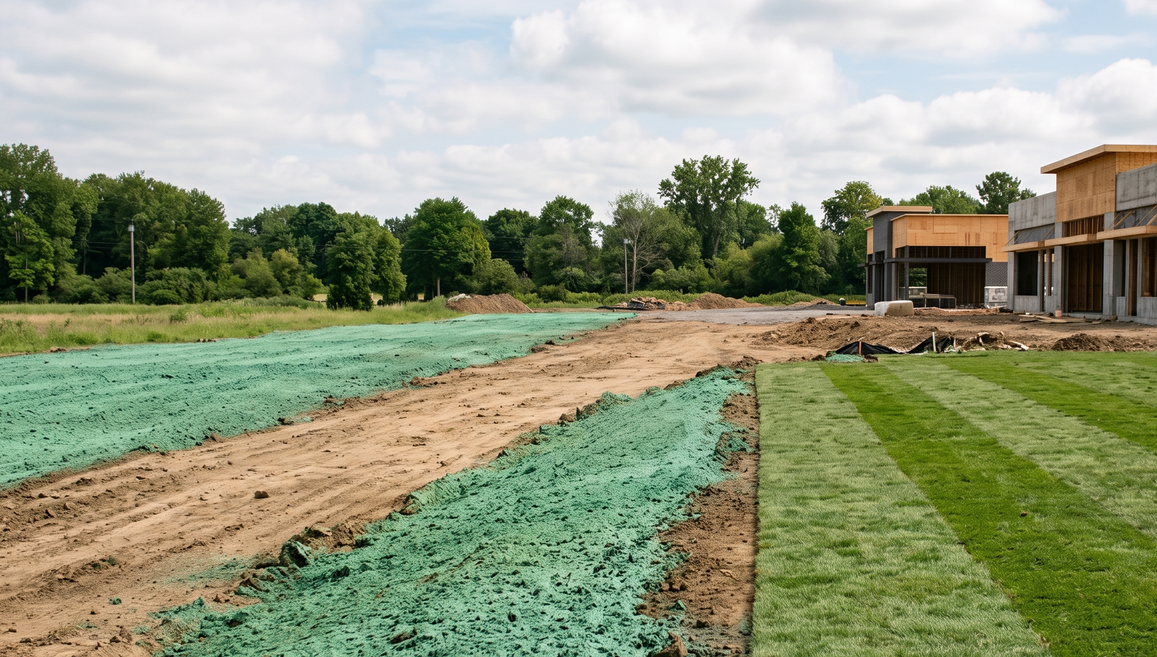 Side-by-side comparison of green hydroseed slurry and freshly laid commercial sod on a Buffalo NY construction development site.