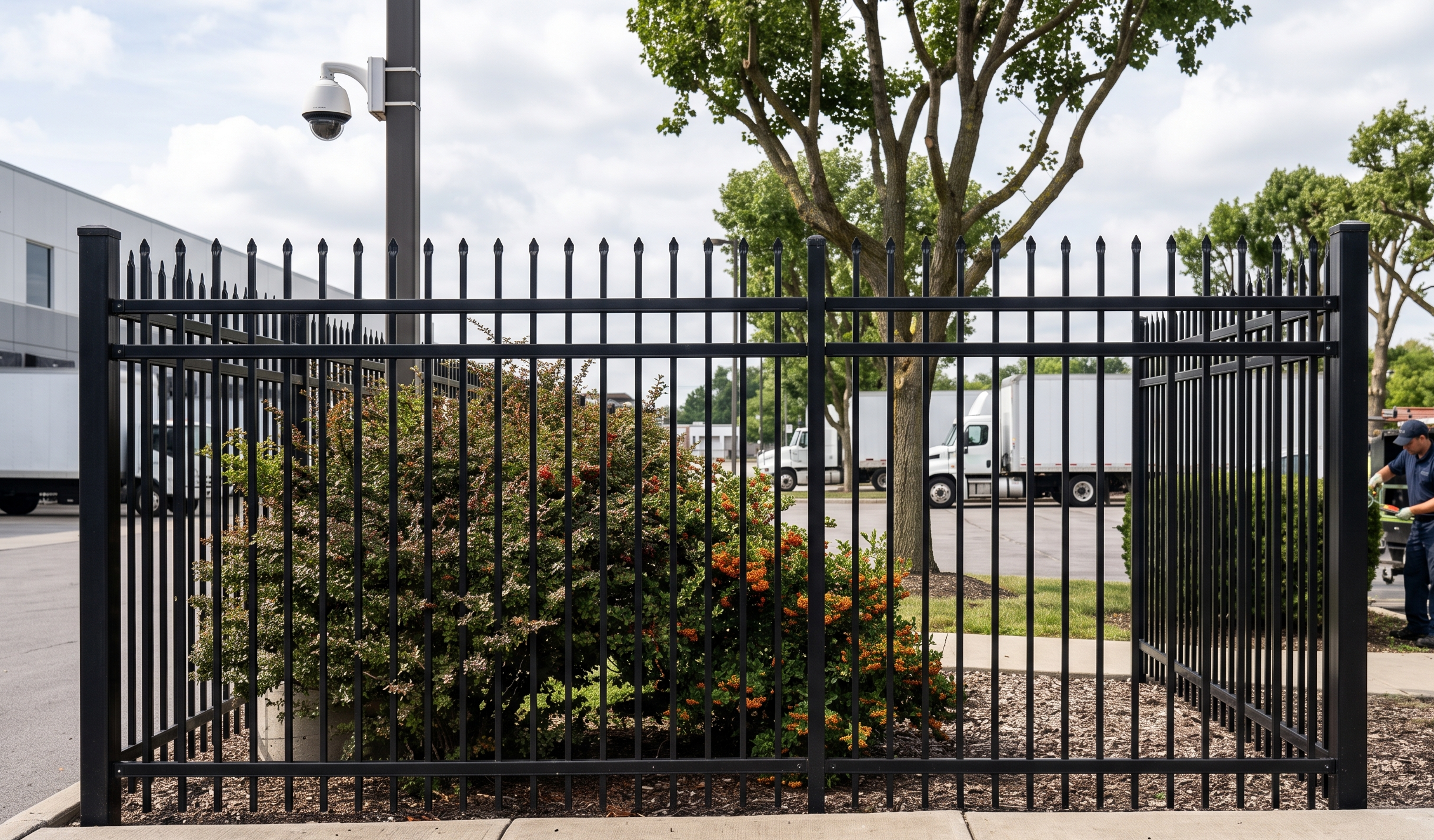 Black perimeter security fence with CPTED low-profile defensive shrubs, security camera pole, and commercial facility background in Buffalo NY